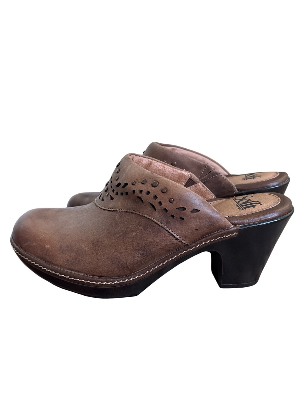 Sofft Laina Brown Leather Clog Mules with Cutout Detail Arch Support 8M